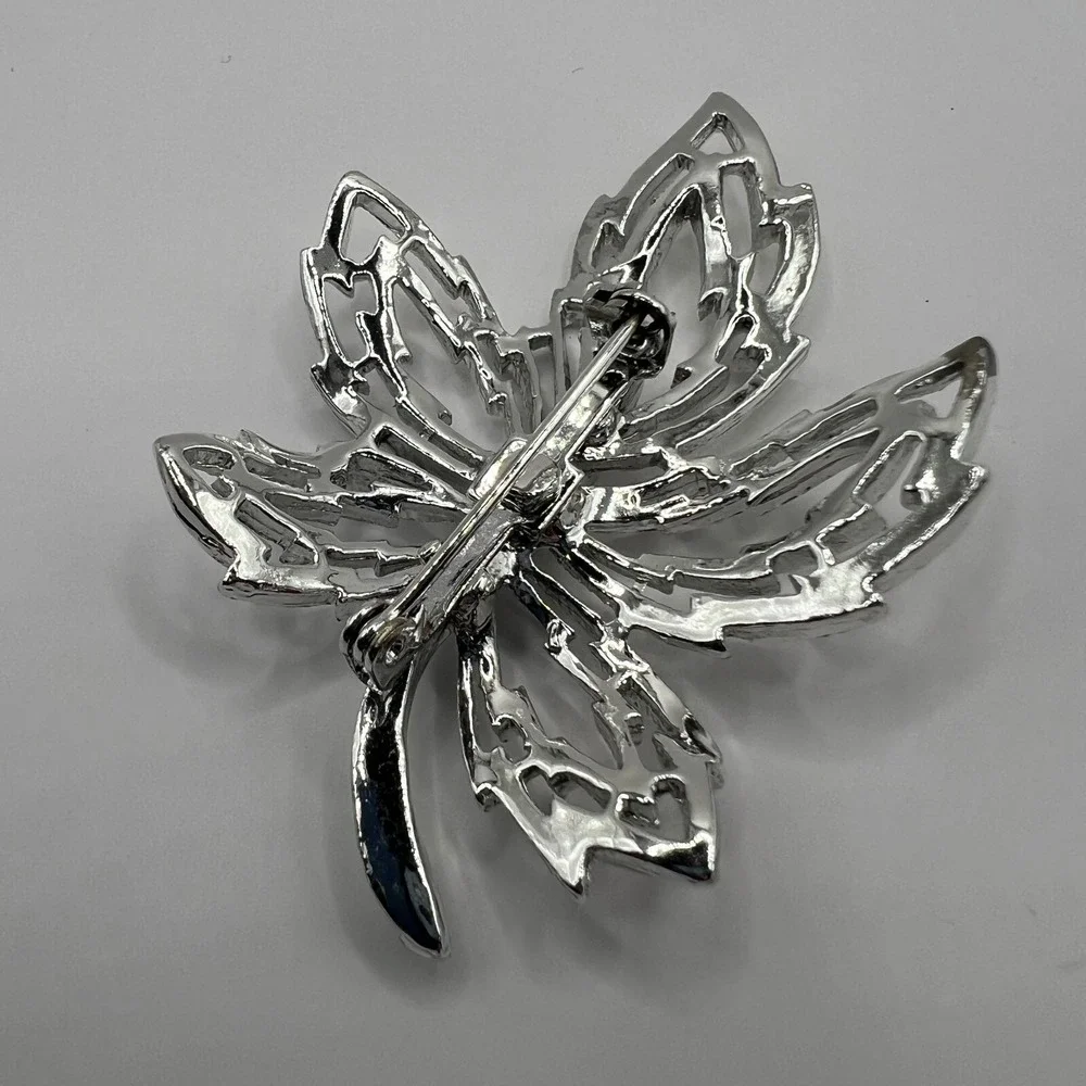 Vintage Leaf Brooch Open‎ Metal Work Brushed Silver Tone Pin